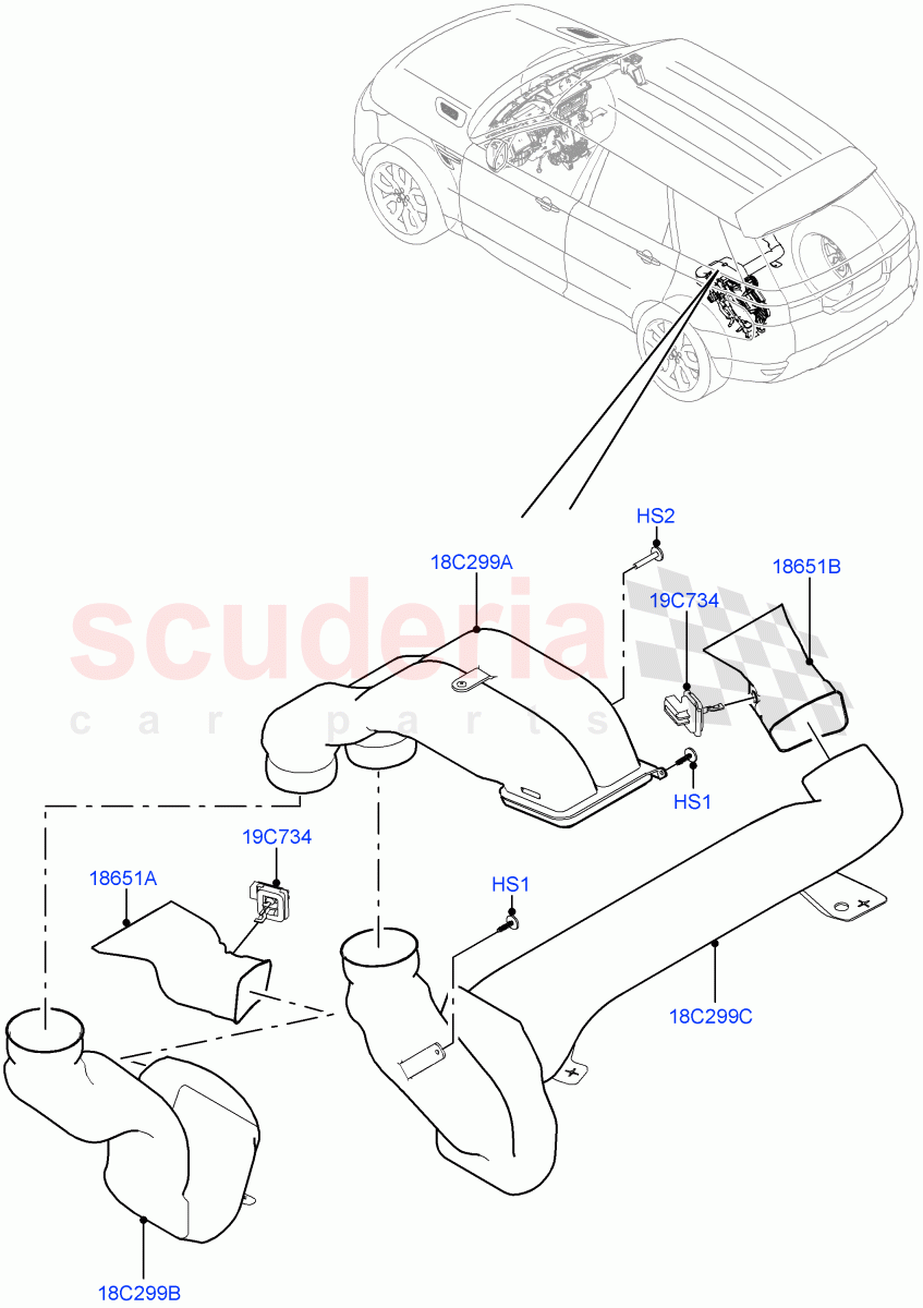 Air Vents, Louvres And Ducts (Under Rear Seat, Internal Components) (With 5 Seat Configuration, With Air Conditioning - Front/Rear, Premium Air Con Hybrid Front/Rear) ((V) TOJA999999) of Land Rover Land Rover Range Rover Sport (2014+) [3.0 Diesel 24V DOHC TC]
