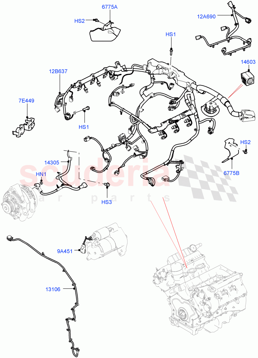 Engine Harness (Solihull Plant Build) (3.0L DOHC GDI SC V6 PETROL) ((V) FROMHA000001) of Land Rover Land Rover Discovery 5 (2017+) [3.0 DOHC GDI SC V6 Petrol]