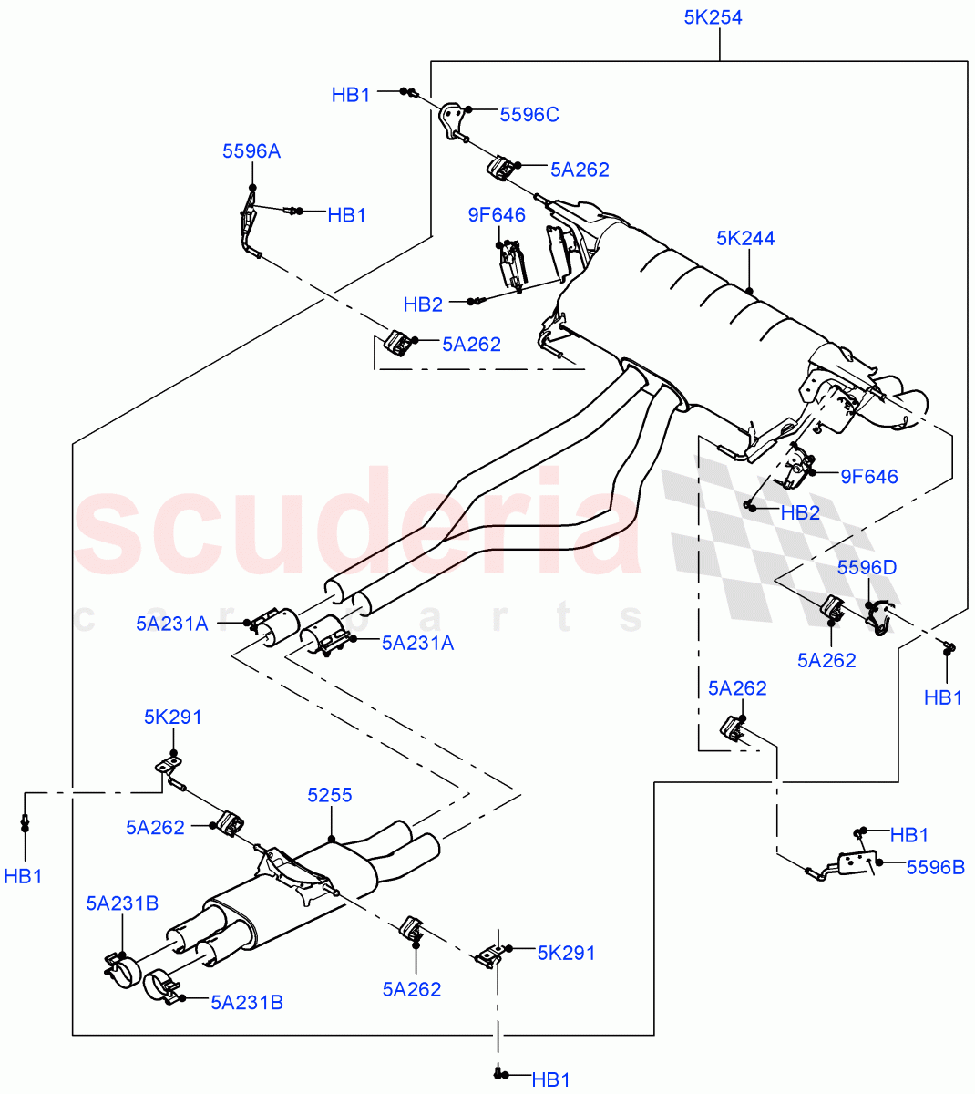 Rear Exhaust System(Nitra Plant Build)(5.0 Petrol AJ133 DOHC CDA,Standard Wheelbase)((V)FROMM2000001) of Land Rover Land Rover Defender (2020+) [5.0 OHC SGDI SC V8 Petrol]