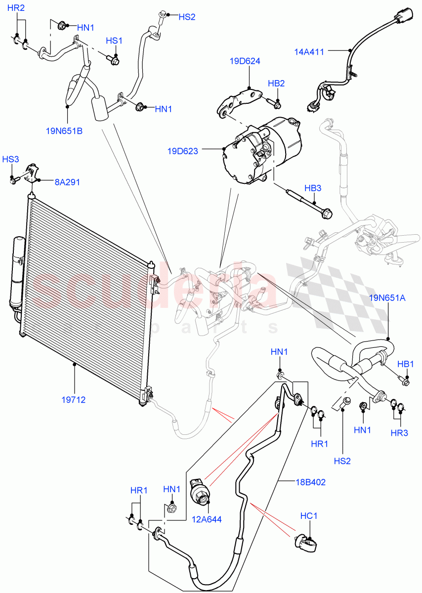 Air Conditioning Condensr/Compressr (Front) (3.0 V6 D Gen2 Twin Turbo, 8 Speed Auto Trans ZF 8HP70 HEV 4WD, 3.0 V6 Diesel Electric Hybrid Eng, 3.0 V6 D Gen2 Mono Turbo) ((V) FROMFA000001) of Land Rover Land Rover Range Rover (2012-2021) [2.0 Turbo Petrol AJ200P]