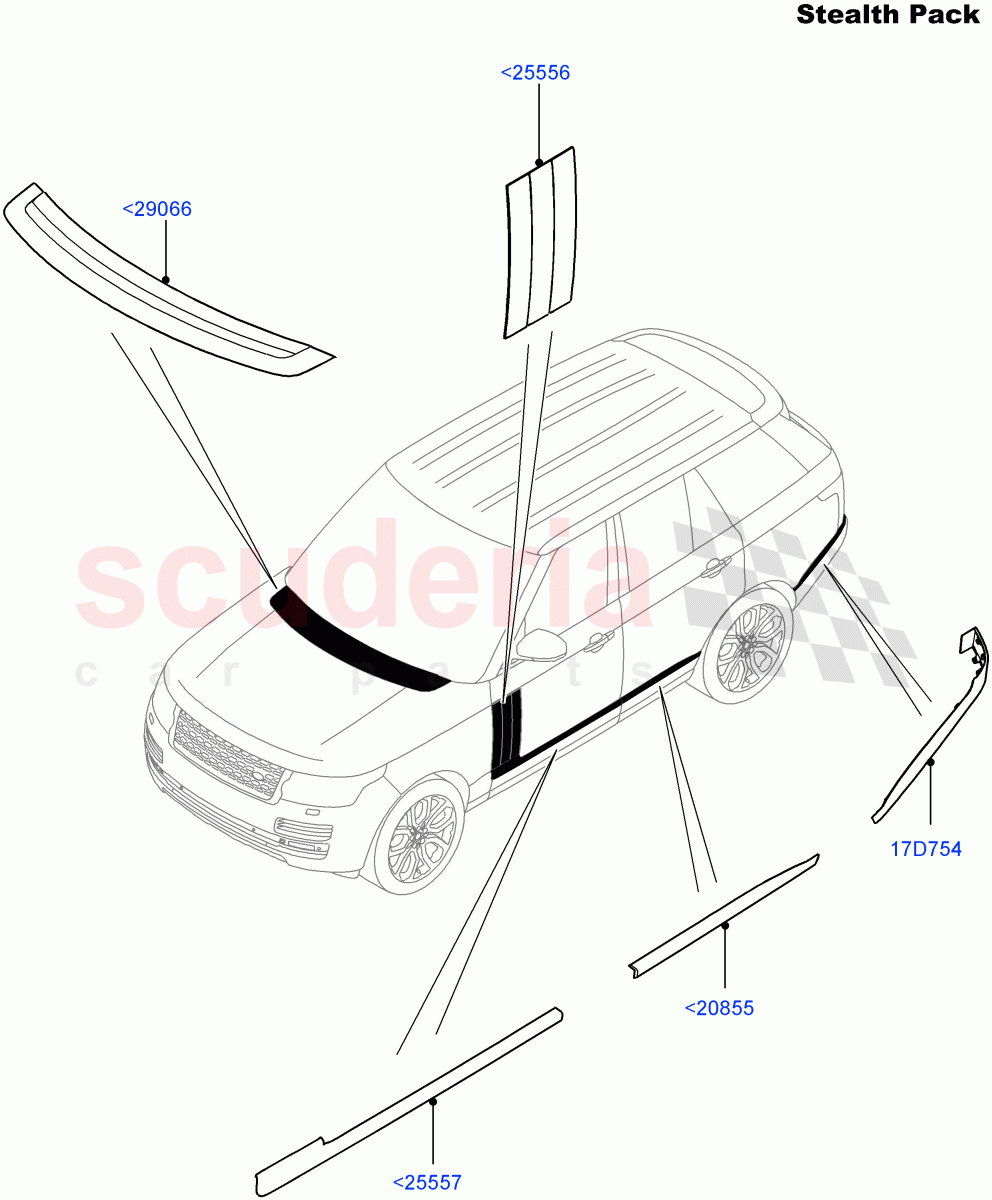 Body Mouldings(Stealth Pack)(With Black Gloss Grille)((V)FROMEA000001,(V)TOHA999999) of Land Rover Land Rover Range Rover (2012-2021) [3.0 I6 Turbo Diesel AJ20D6]