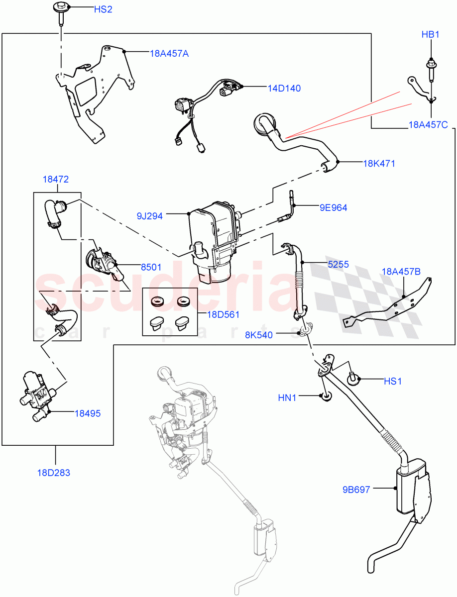 Auxiliary Fuel Fired Pre-Heater (Nitra Plant Build) (2.0L I4 High DOHC AJ200 Petrol, Fuel Fired Heater With Park Heat, 3.0L DOHC GDI SC V6 PETROL, With Fuel Fired Heater, Fuel Heater W/Pk Heat With Remote, 3.0L AJ20P6 Petrol High) ((V) FROMK2000001) of Land Rover Land Rover Discovery 5 (2017+) [2.0 Turbo Petrol AJ200P]