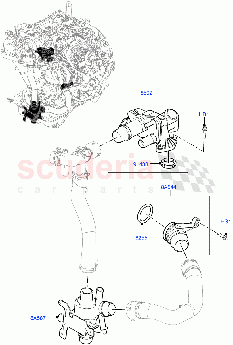 Thermostat/Housing & Related Parts (3.0 V6 D Gen2 Twin Turbo) of Land Rover Land Rover Range Rover Velar (2017+) [3.0 Diesel 24V DOHC TC]