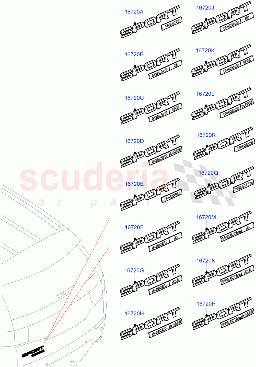 Name Plates(Halewood (UK),Badge-Engine Power Petrol 200 PS,Badge-Engine Power Petrol 300E PS,Badge-Engine Power Petrol 250 PS,Badge-Engine Power Petrol 290 PS)((V)FROMLH000001) of Land Rover Land Rover Discovery Sport (2015+) [1.5 I3 Turbo Petrol AJ20P3]