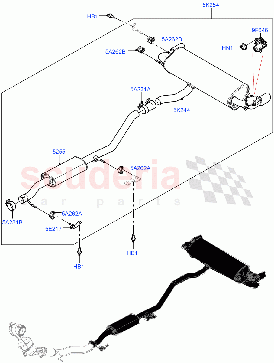 Rear Exhaust System (2.0L I4 Mid DOHC AJ200 Petrol, Halewood (UK), Dual Exh Olet W/Roun Tail Pipe Garn) ((V) FROMHH000001) of Land Rover Land Rover Range Rover Evoque (2012-2018) [2.0 Turbo Petrol AJ200P]