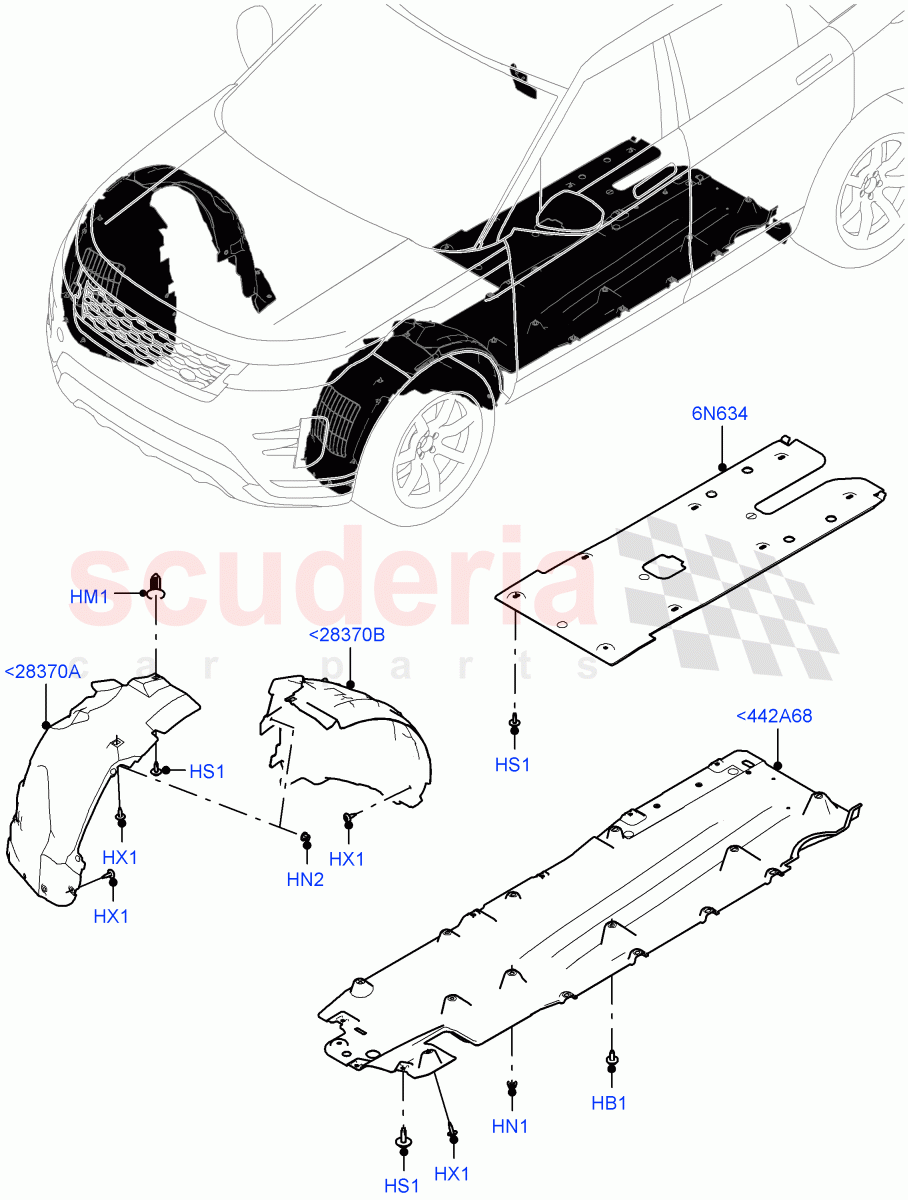 Front Panels, Aprons & Side Members (Wheelhouse) (Halewood (UK), Electric Engine Battery-MHEV, Less Electric Engine Battery) of Land Rover Land Rover Range Rover Evoque (2019+) [1.5 I3 Turbo Petrol AJ20P3]