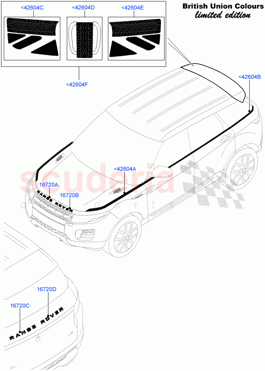 Name Plates(Union Mono Colours LE, Union Colours LE, Decal Stripes)(Halewood (UK))((V)FROMFH000001,(V)TOFH999999) of Land Rover Land Rover Range Rover Evoque (2012-2018) [2.2 Single Turbo Diesel]