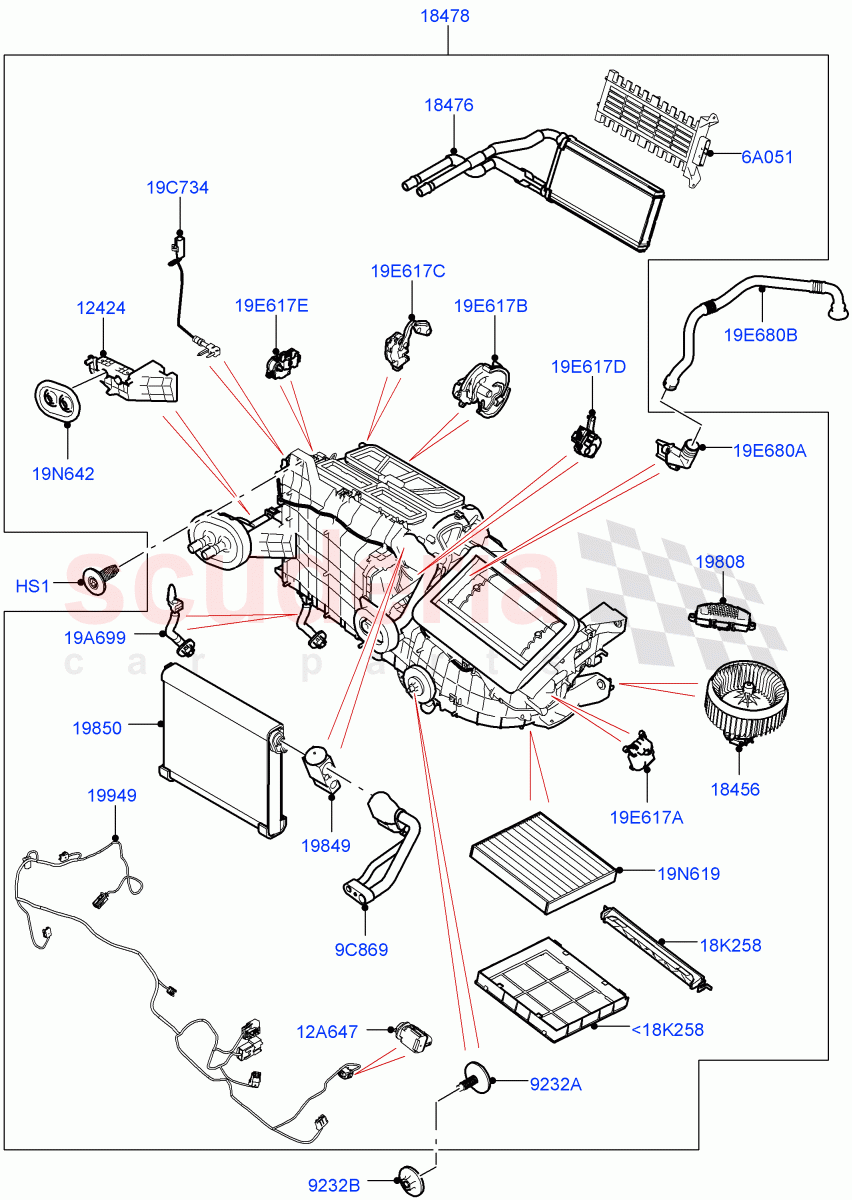 Heater/Air Cond.Internal Components(Heater Main Unit)(With Front Comfort Air Con (IHKA))((V)TOLA999999) of Land Rover Land Rover Range Rover Velar (2017+) [3.0 DOHC GDI SC V6 Petrol]