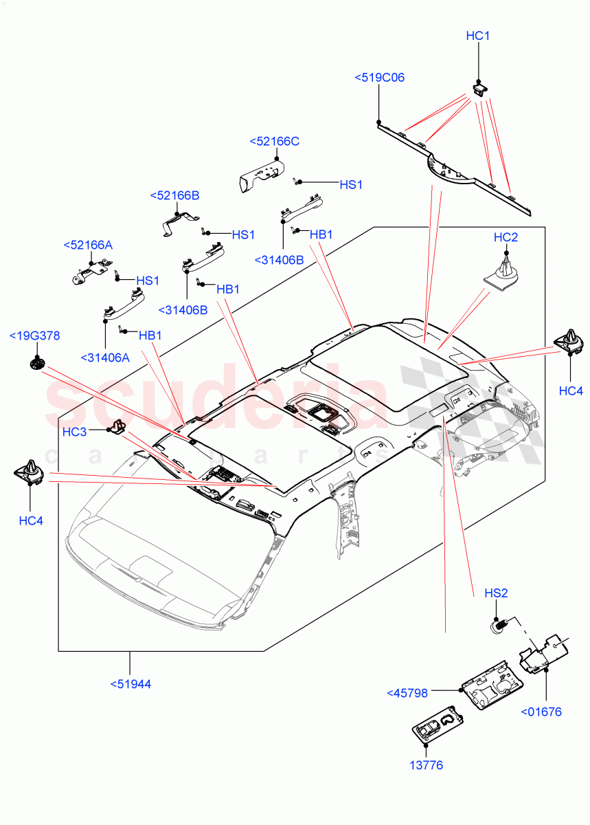 Headlining And Sun Visors (Nitra Plant Build) (Roof Conv-Power Open Front/Rear Pan, With Third Row Power Folding Seat, With 5 Seat Configuration, With 3rd Row Double Seat, With 7 Seat Configuration, Roof Conv-Front And Rear Panoramic, Less 3rd Row Rear Seat) ((V) FROMK2000001) of Land Rover Land Rover Discovery 5 (2017+) [3.0 I6 Turbo Petrol AJ20P6]