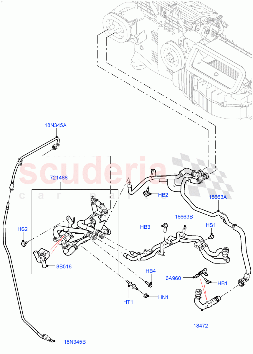 Heater Hoses (Solihull Plant Build) (2.0L I4 High DOHC AJ200 Petrol, Less Heater, With Air Conditioning - Front/Rear, With Front Comfort Air Con (IHKA), With Ptc Heater, With Manual Air Conditioning) ((V) FROMKA000001) of Land Rover Land Rover Discovery 5 (2017+) [2.0 Turbo Diesel]