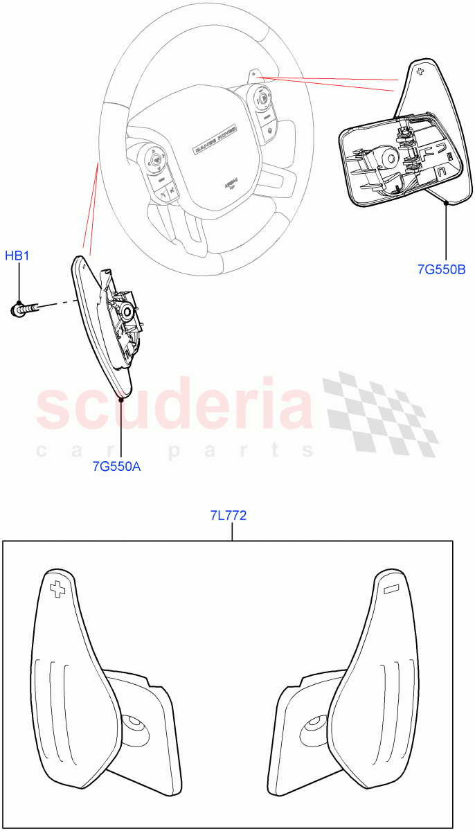 Gear Change-Automatic Transmission(Solihull Plant Build, Steering Wheel)(8 Speed Auto Trans ZF 8HP70 4WD,Paddle Shift,8 Speed Auto Trans ZF 8HP70 HEV 4WD,Paddle Shift - Noble,Paddle shift - Aluminium)((V)FROMAA000001) of Land Rover Land Rover Discovery 5 (2017+) [2.0 Turbo Petrol AJ200P]