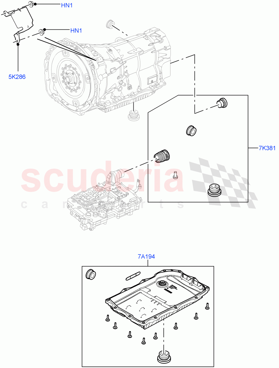 Transmission External Components (3.0 V6 D Gen2 Twin Turbo, 8 Speed Auto Trans ZF 8HP70 HEV 4WD, 3.0 V6 D Gen2 Mono Turbo, 3.0 V6 Diesel Electric Hybrid Eng) ((V) FROMEA000001) of Land Rover Land Rover Range Rover (2012-2021) [3.0 I6 Turbo Diesel AJ20D6]