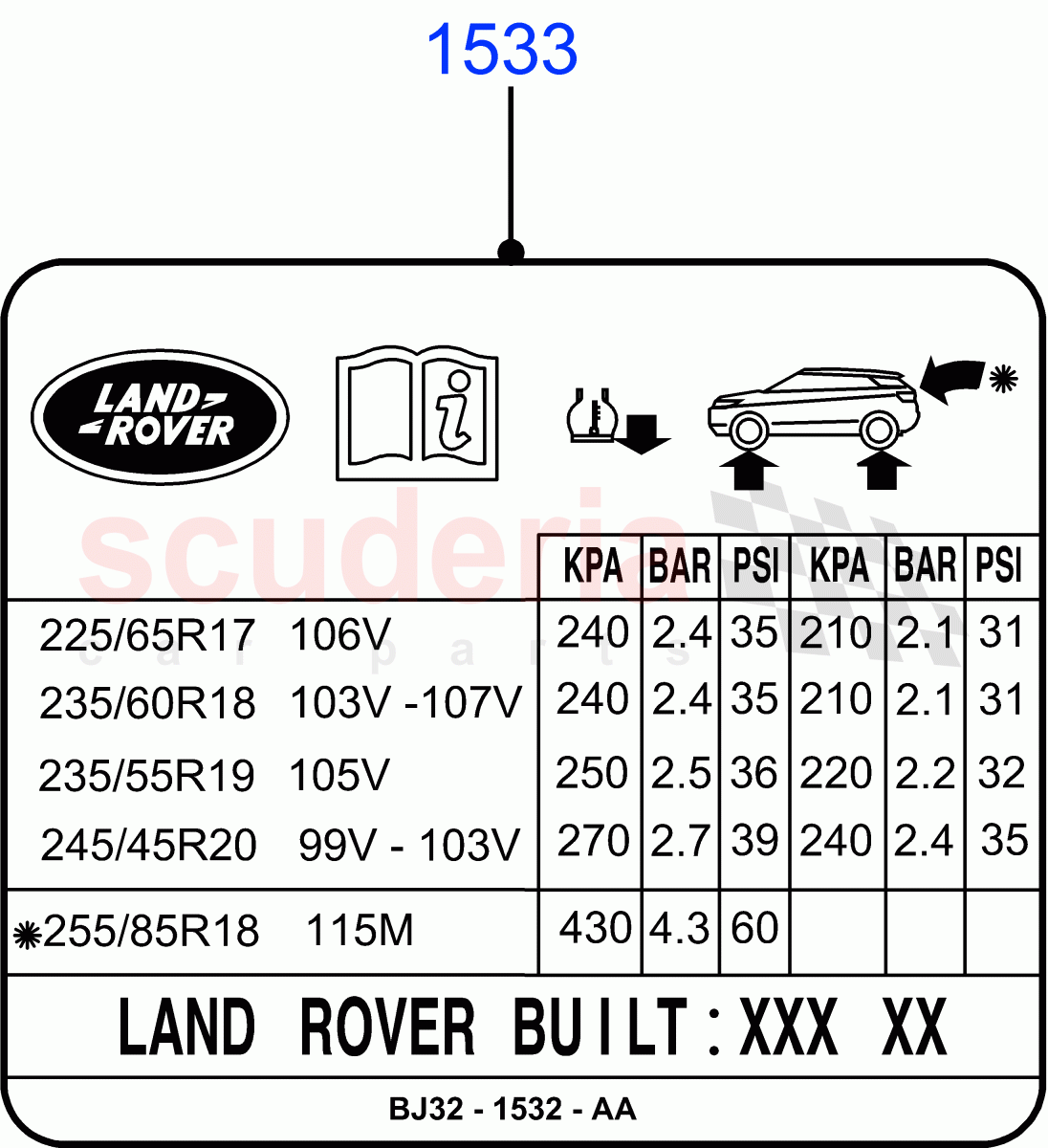 Labels(Tyre Pressure Label)(Changsu (China))((V)FROMEG000001) of Land Rover Land Rover Range Rover Evoque (2012-2018) [2.0 Turbo Petrol AJ200P]