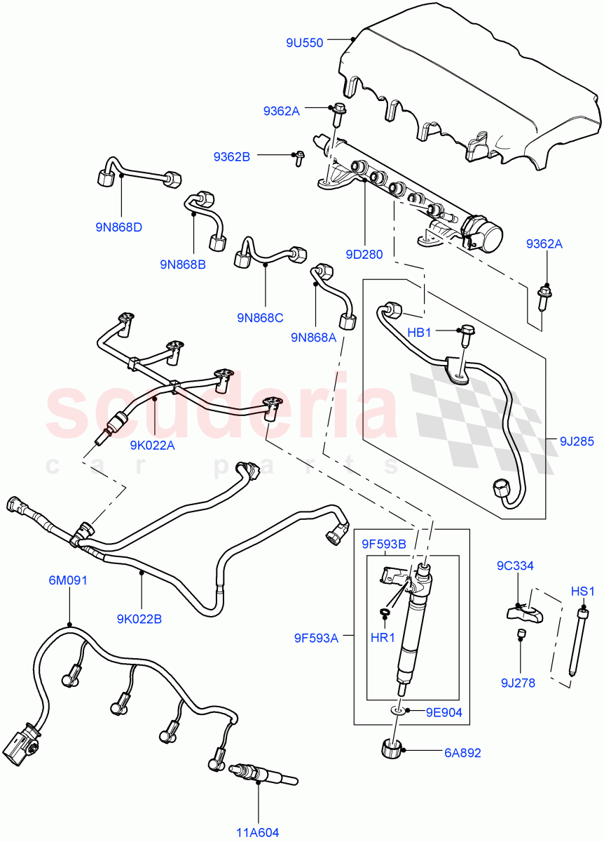 Fuel Injectors And Pipes (2.2L DOHC EFI TC DW12, 2.2L CR DI 16V Diesel) of Land Rover Land Rover Range Rover Evoque (2012-2018) [2.2 Single Turbo Diesel]