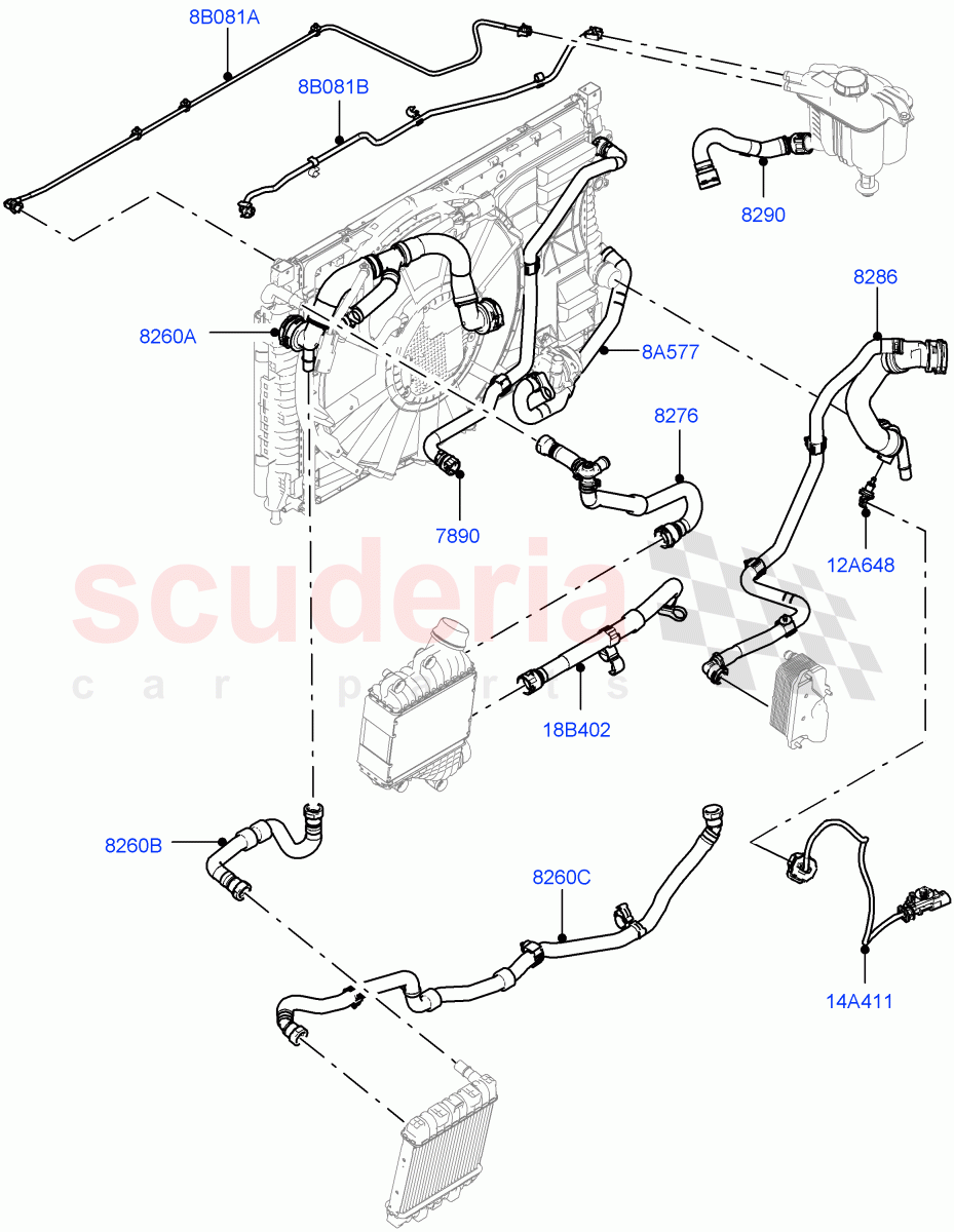 Cooling System Pipes And Hoses(2.0L AJ20P4 Petrol Mid PTA,Itatiaia (Brazil),Extra High Engine Cooling,Less Active Tranmission Warming,2.0L AJ20P4 Petrol E100 PTA) of Land Rover Land Rover Range Rover Evoque (2019+) [2.0 Turbo Petrol AJ200P]