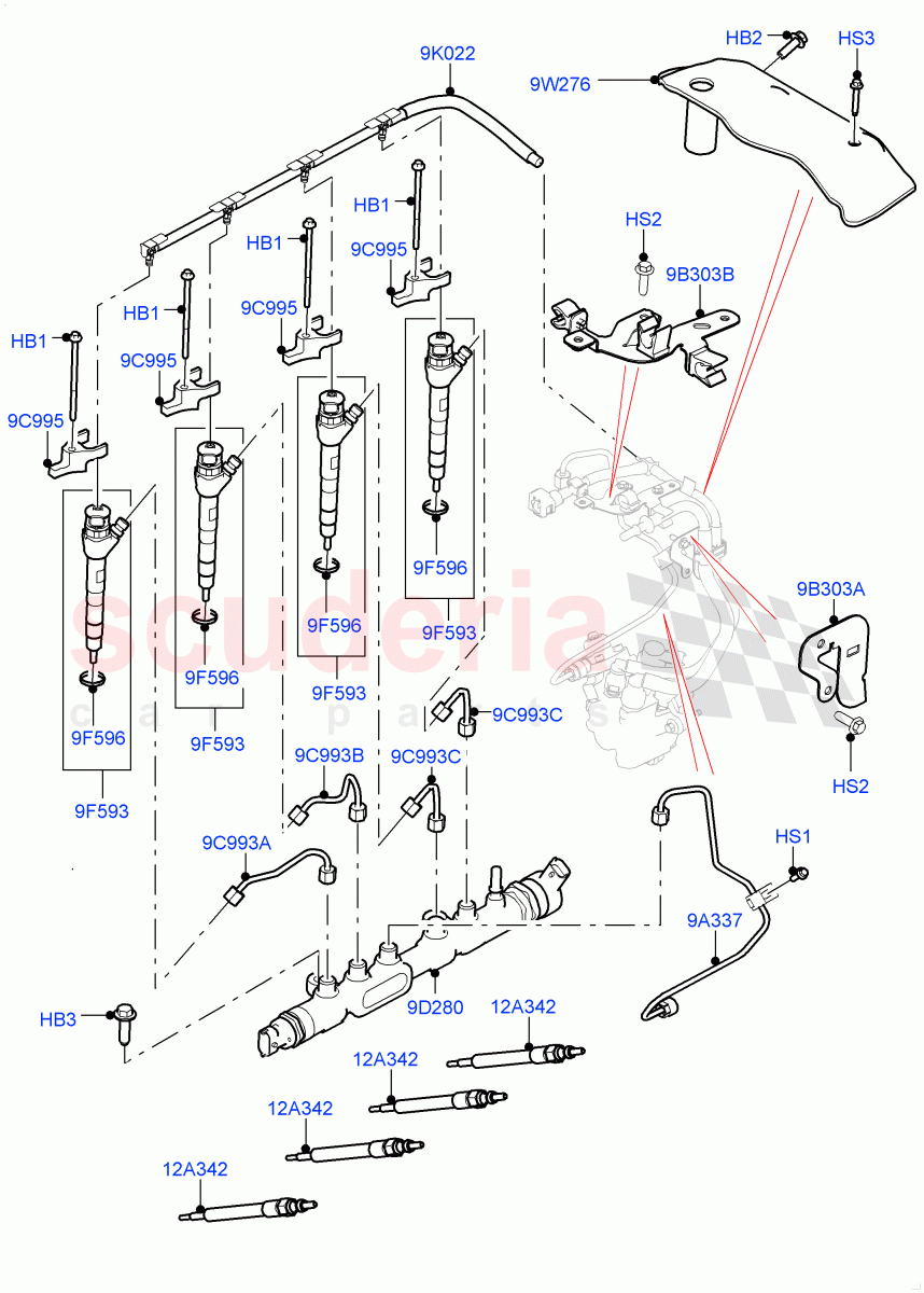 Fuel Injectors And Pipes (Solihull Plant Build) (2.0L I4 DSL HIGH DOHC AJ200, 2.0L I4 DSL MID DOHC AJ200) ((V) FROMHA000001) of Land Rover Land Rover Range Rover Sport (2014+) [2.0 Turbo Diesel]