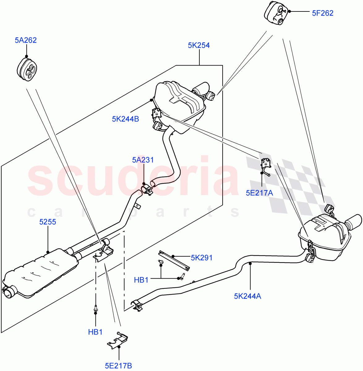 Exhaust System (Rear Section) (2.0L 16V TIVCT T/C Gen2 Petrol, Halewood (UK), With Tool Kit, With 7 Seat Configuration, Spare Wheel - Reduced Section Steel, 2.0L 16V TIVCT T/C 240PS Petrol) of Land Rover Land Rover Discovery Sport (2015+) [2.0 Turbo Petrol GTDI]