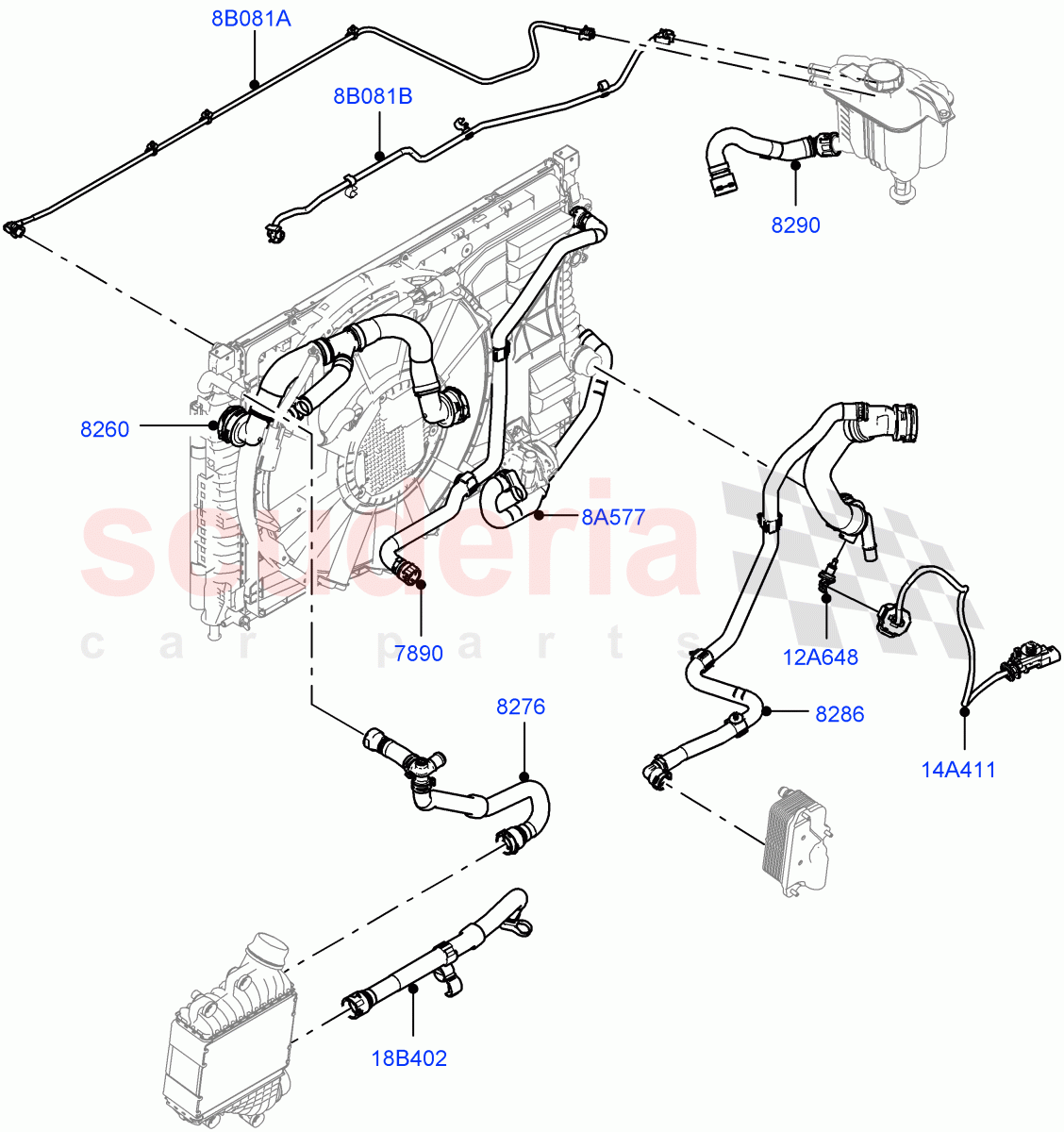 Cooling System Pipes And Hoses(2.0L AJ20P4 Petrol Mid PTA,Halewood (UK),Medium Engine Cooling,Less Active Tranmission Warming,High Engine Cooling,Low Engine Cooling,2.0L AJ20P4 Petrol E100 PTA) of Land Rover Land Rover Range Rover Evoque (2019+) [2.0 Turbo Petrol AJ200P]