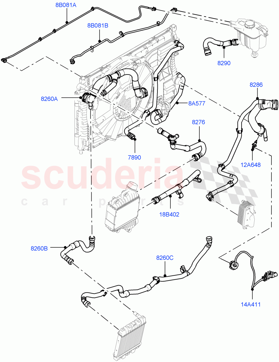 Cooling System Pipes And Hoses(2.0L AJ20P4 Petrol High PTA,Halewood (UK),Medium Engine Cooling,Less Active Tranmission Warming,Low Engine Cooling,High Engine Cooling) of Land Rover Land Rover Range Rover Evoque (2019+) [2.0 Turbo Petrol AJ200P]