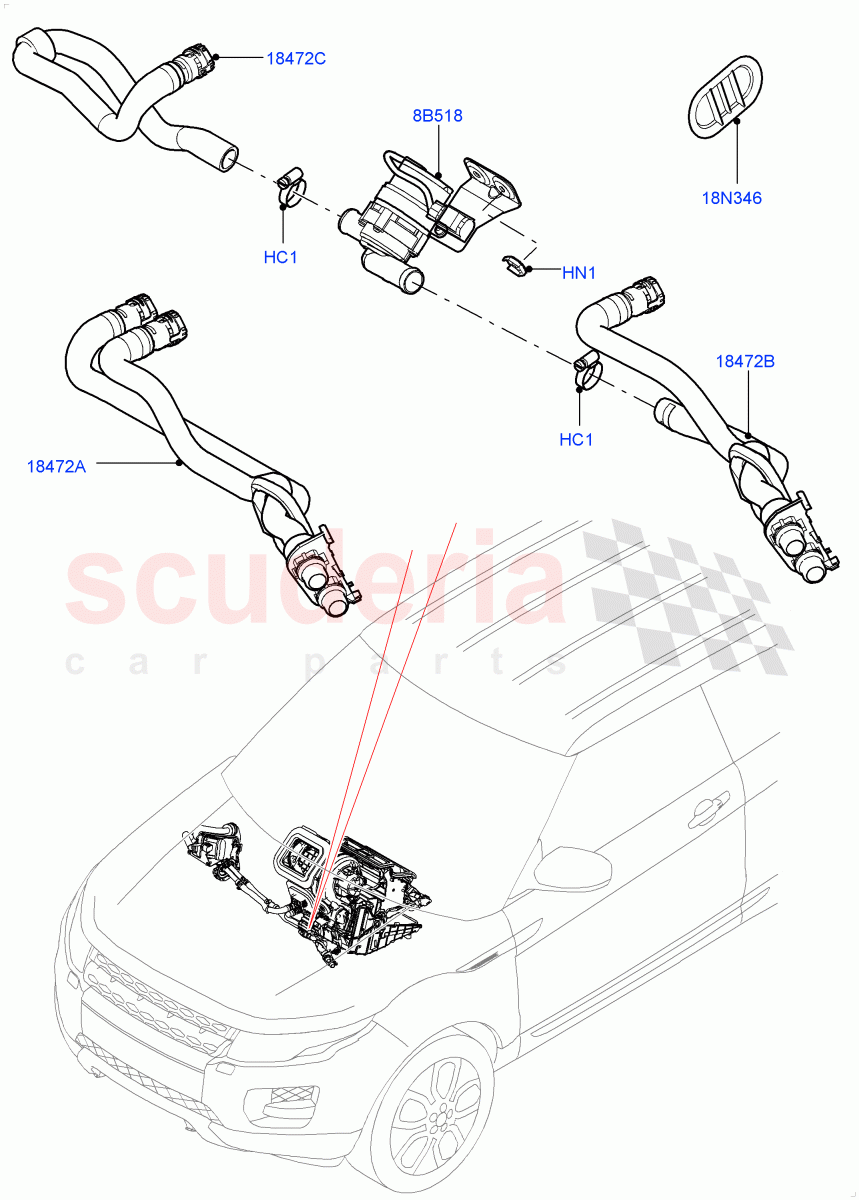 Heater Hoses (2.0L 16V TIVCT T/C 240PS Petrol, Halewood (UK), 2.0L 16V TIVCT T/C Gen2 Petrol) ((V) FROMHH000001) of Land Rover Land Rover Range Rover Evoque (2012-2018) [2.0 Turbo Petrol GTDI]