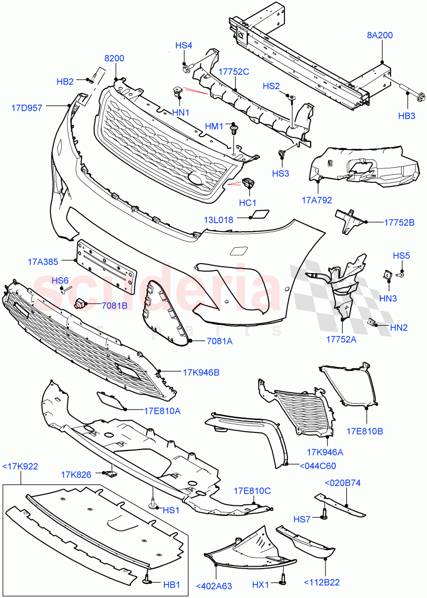 Radiator Grille And Front Bumper(5.0L P AJ133 DOHC CDA S/C Enhanced,Limited Package)((V)FROMKA000001) of Land Rover Land Rover Range Rover Velar (2017+) [5.0 OHC SGDI SC V8 Petrol]