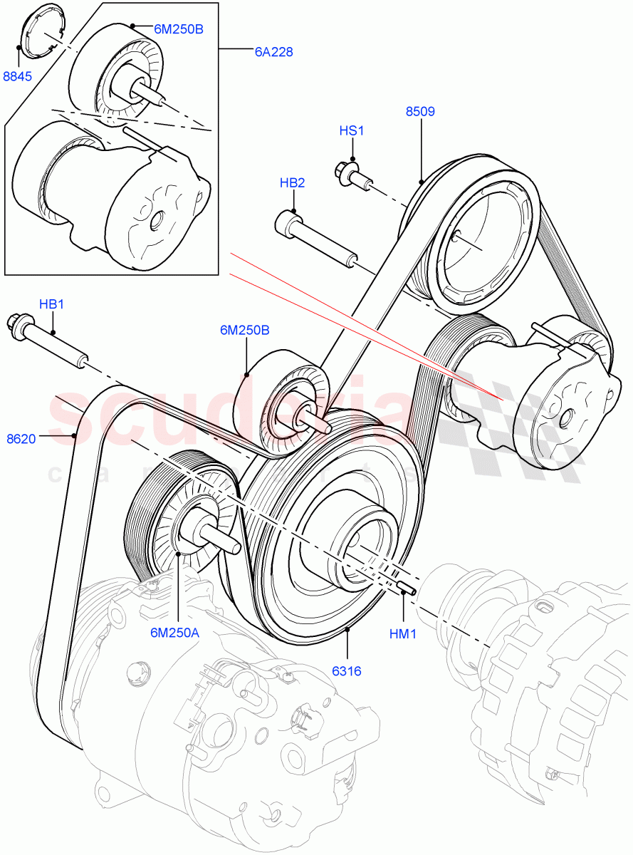 Pulleys And Drive Belts(2.0L I4 Mid DOHC AJ200 Petrol,Itatiaia (Brazil),2.0L I4 Mid AJ200 Petrol E100)((V)FROMJT000001) of Land Rover Land Rover Discovery Sport (2015+) [2.0 Turbo Petrol AJ200P]