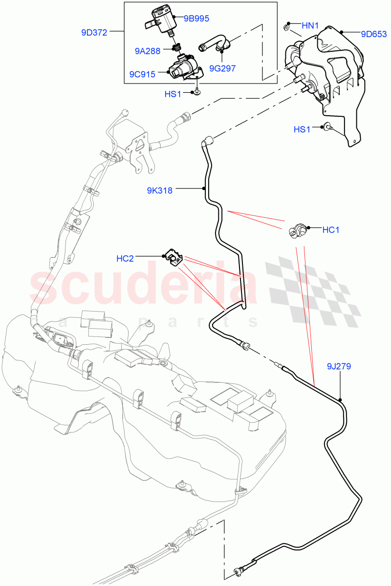 Fuel Lines(2.0L I4 High DOHC AJ200 Petrol,Pet Tank With Leak Det - Lrg Filter,2.0L I4 Mid DOHC AJ200 Petrol,Petrol Tank With Leak Detection)((V)TOLA999999) of Land Rover Land Rover Range Rover Velar (2017+) [2.0 Turbo Petrol AJ200P]