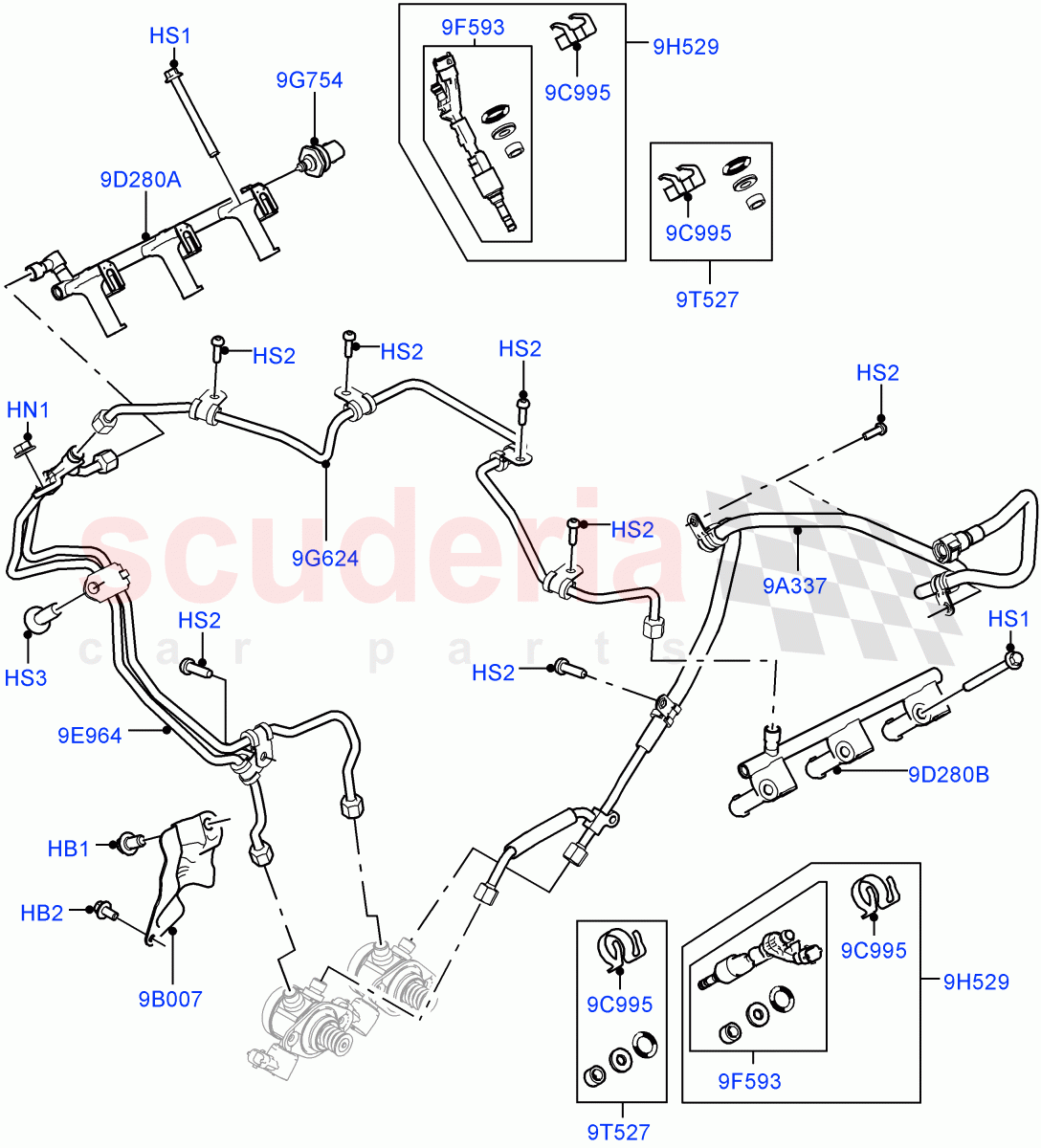 Fuel Injectors And Pipes(Solihull Plant Build)(3.0L DOHC GDI SC V6 PETROL)((V)FROMEA000001) of Land Rover Land Rover Range Rover Velar (2017+) [3.0 DOHC GDI SC V6 Petrol]