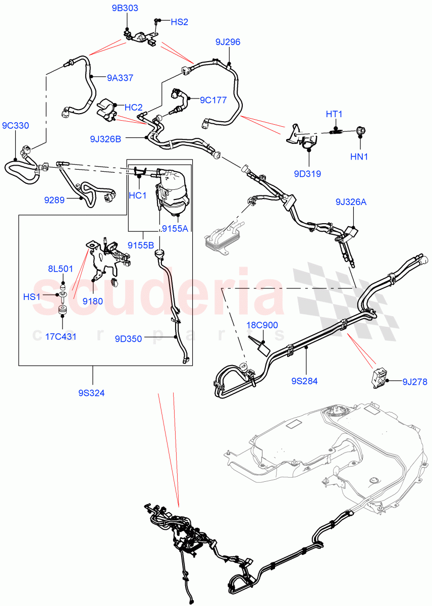 Fuel Lines (Solihull Plant Build, Front) (2.0L I4 DSL MID DOHC AJ200, 2.0L I4 DSL HIGH DOHC AJ200) ((V) FROMHA000001, (V) TOJA999999) of Land Rover Land Rover Discovery 5 (2017+) [2.0 Turbo Diesel]