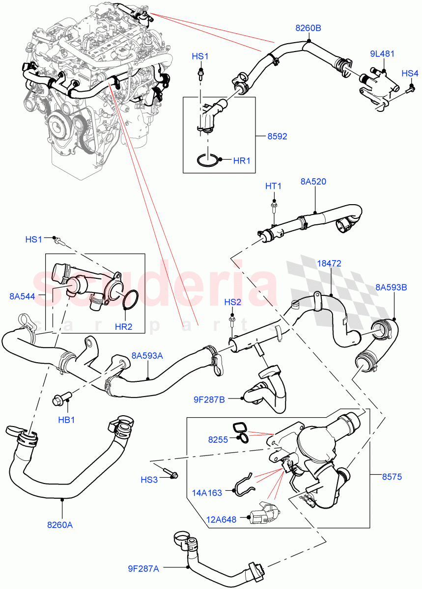 Thermostat/Housing & Related Parts (Nitra Plant Build) (2.0L I4 High DOHC AJ200 Petrol, 2.0L AJ200P Hi PHEV) ((V) FROMK2000001) of Land Rover Land Rover Discovery 5 (2017+) [2.0 Turbo Petrol AJ200P]
