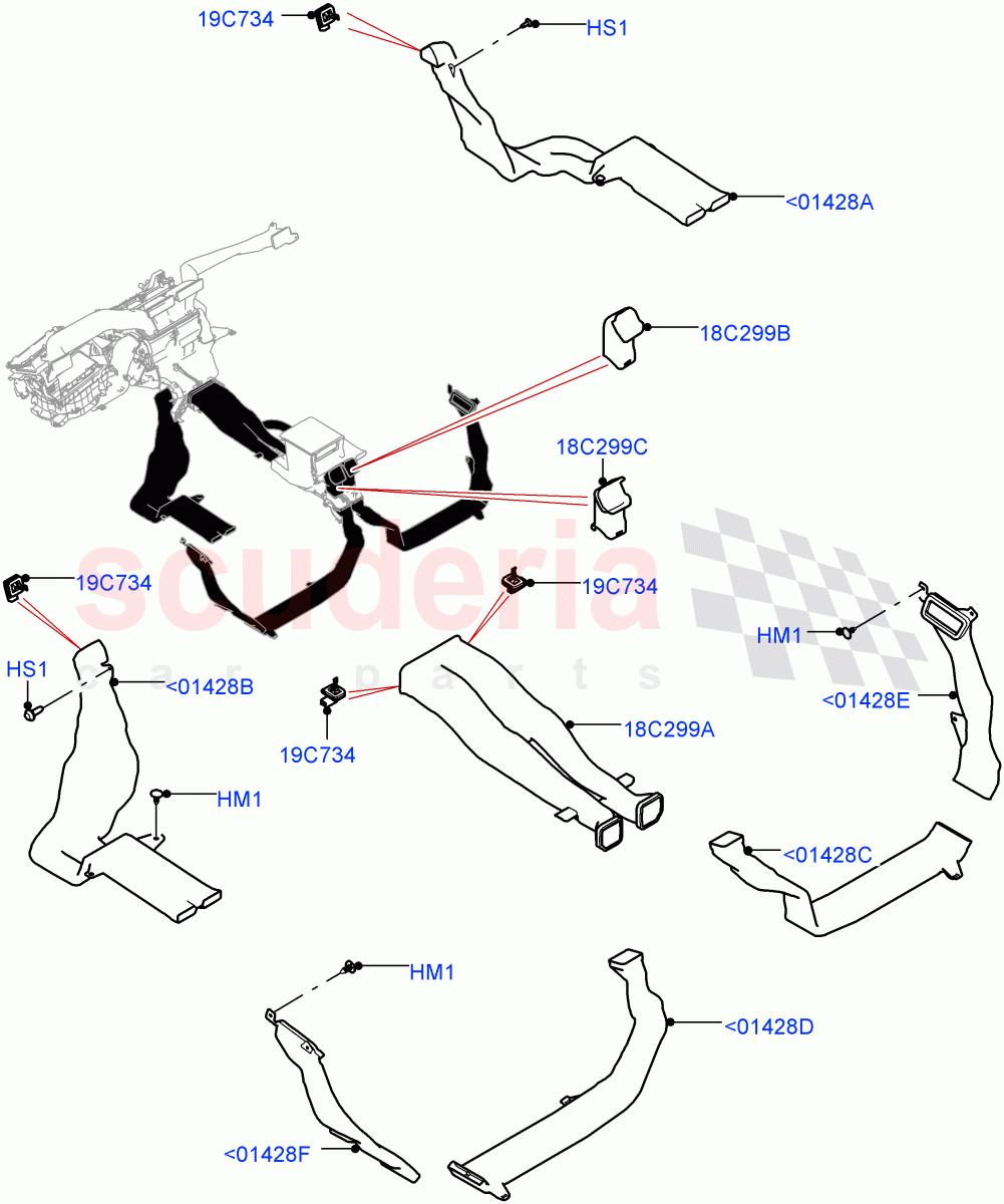 Air Vents, Louvres And Ducts(Floor, Internal Components)(Premium Air Conditioning-Front/Rear)((V)TOMA999999) of Land Rover Land Rover Range Rover Velar (2017+) [3.0 I6 Turbo Petrol AJ20P6]