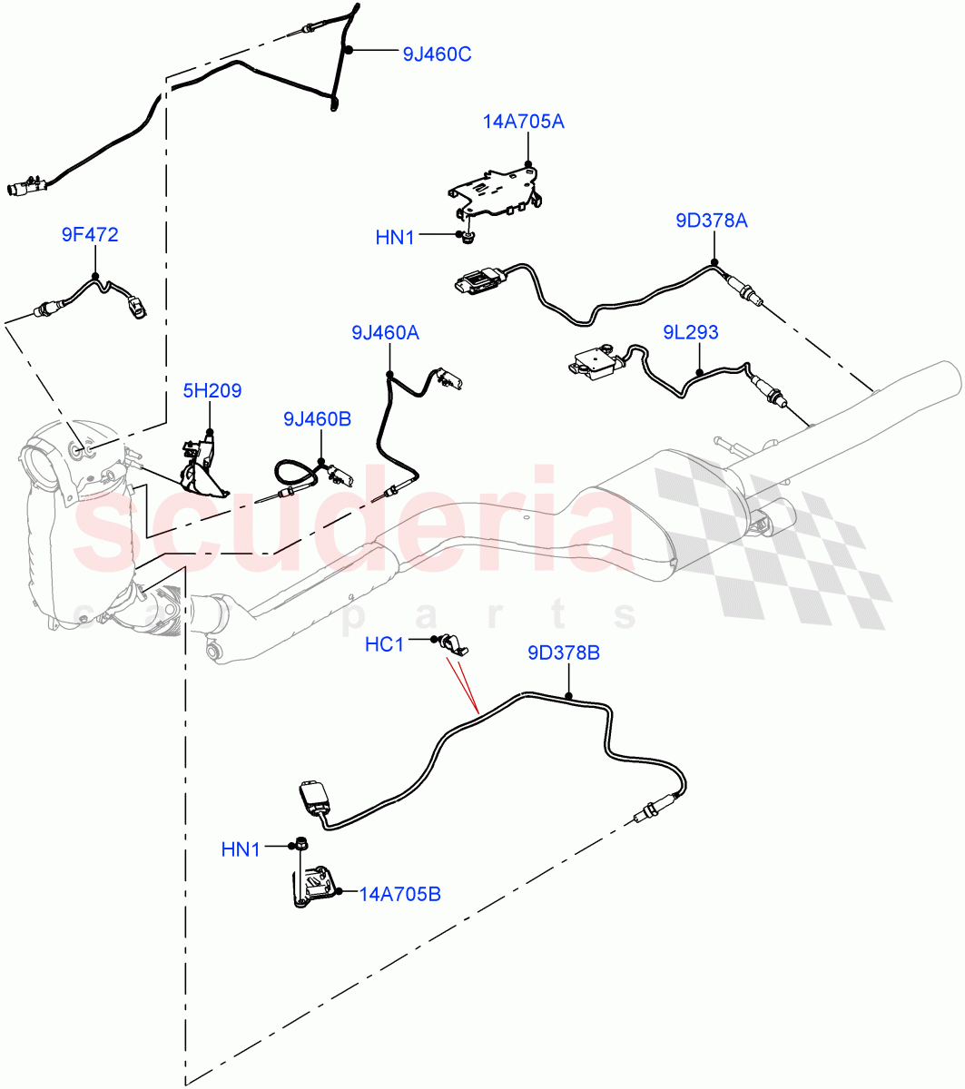 Exhaust Sensors And Modules(2.0L I4 DSL HIGH DOHC AJ200,EU6D Diesel + DPF Emissions,2.0L I4 DSL MID DOHC AJ200)((V)FROMKA000001) of Land Rover Land Rover Range Rover Velar (2017+) [2.0 Turbo Diesel]