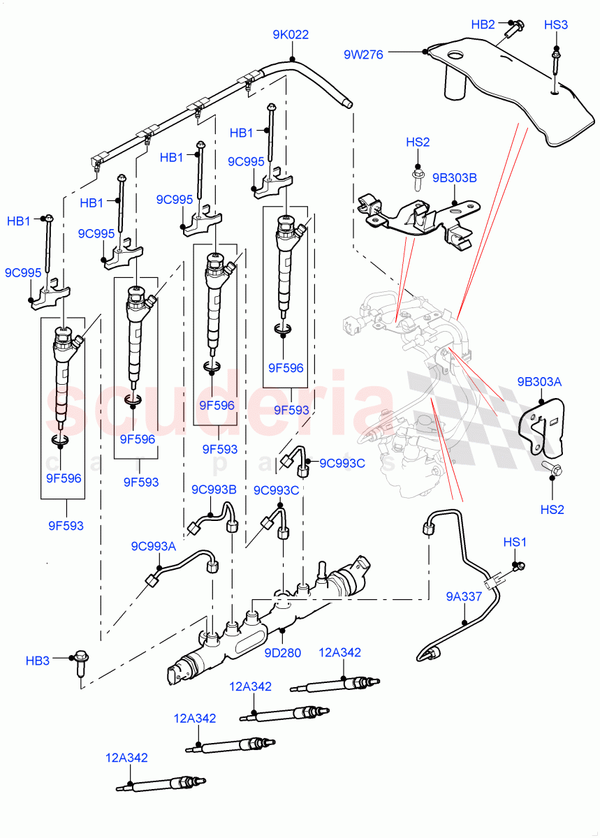 Fuel Injectors And Pipes (Nitra Plant Build) (2.0L I4 DSL MID DOHC AJ200, 2.0L I4 DSL HIGH DOHC AJ200) ((V) FROMK2000001) of Land Rover Land Rover Discovery 5 (2017+) [2.0 Turbo Diesel]