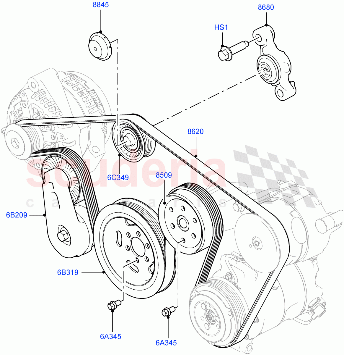 Pulleys And Drive Belts(Front)(3.0 V6 D Gen2 Mono Turbo,With ACE Suspension,3.0 V6 D Gen2 Twin Turbo,3.0 V6 D Low MT ROW,3.0L 24V V6 Turbo Diesel Std Flow,3.0L 24V DOHC V6 TC Diesel)((V)TOJA999999) of Land Rover Land Rover Range Rover Sport (2014+) [3.0 Diesel 24V DOHC TC]