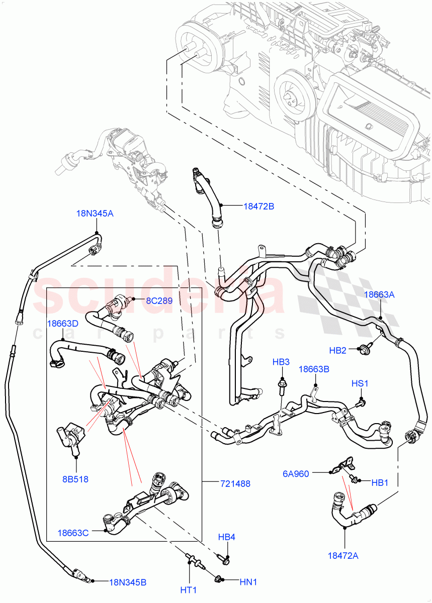 Heater Hoses(Solihull Plant Build)(2.0L I4 High DOHC AJ200 Petrol,With Fuel Fired Heater,With Air Conditioning - Front/Rear)((V)FROMJA000001,(V)TOJA999999) of Land Rover Land Rover Discovery 5 (2017+) [3.0 DOHC GDI SC V6 Petrol]