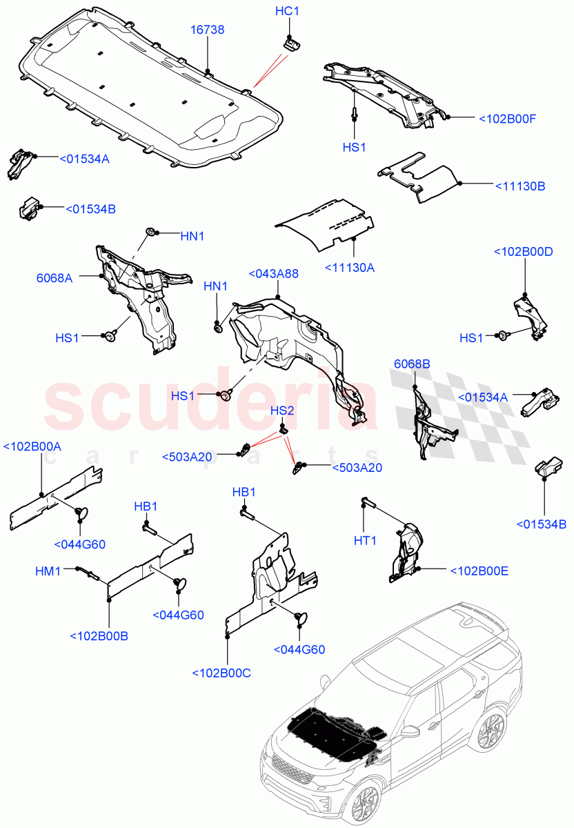 Insulators - Front(Engine Compartment, Solihull Plant Build)((V)FROMHA000001) of Land Rover Land Rover Discovery 5 (2017+) [3.0 DOHC GDI SC V6 Petrol]