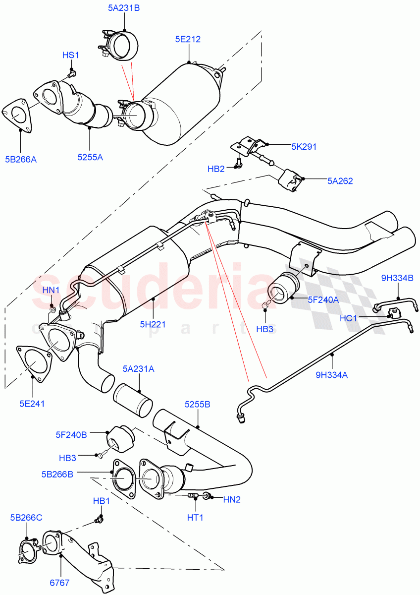 Exhaust System(Front)(4.4L DOHC DITC V8 Diesel,Stage V Plus DPF,With Diesel Particulate Filter)((V)TOFA999999) of Land Rover Land Rover Range Rover Sport (2014+) [4.4 DOHC Diesel V8 DITC]