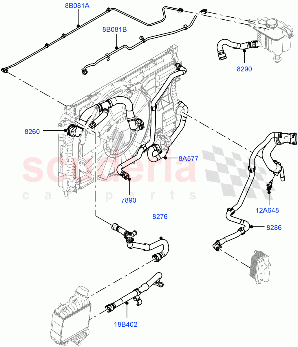 Cooling System Pipes And Hoses(2.0L AJ20P4 Petrol Mid PTA,Changsu (China),High Engine Cooling,Less Active Tranmission Warming,Low Engine Cooling,Medium Engine Cooling) of Land Rover Land Rover Range Rover Evoque (2019+) [2.0 Turbo Petrol AJ200P]