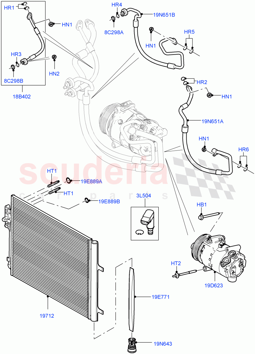 Air Conditioning Condensr/Compressr(2.0L I4 DSL MID DOHC AJ200,Halewood (UK),2.0L I4 Mid DOHC AJ200 Petrol,2.0L I4 High DOHC AJ200 Petrol,2.0L I4 DSL HIGH DOHC AJ200,2.0L I4 Mid AJ200 Petrol E100)((V)FROMGH000001) of Land Rover Land Rover Discovery Sport (2015+) [2.0 Turbo Diesel AJ21D4]