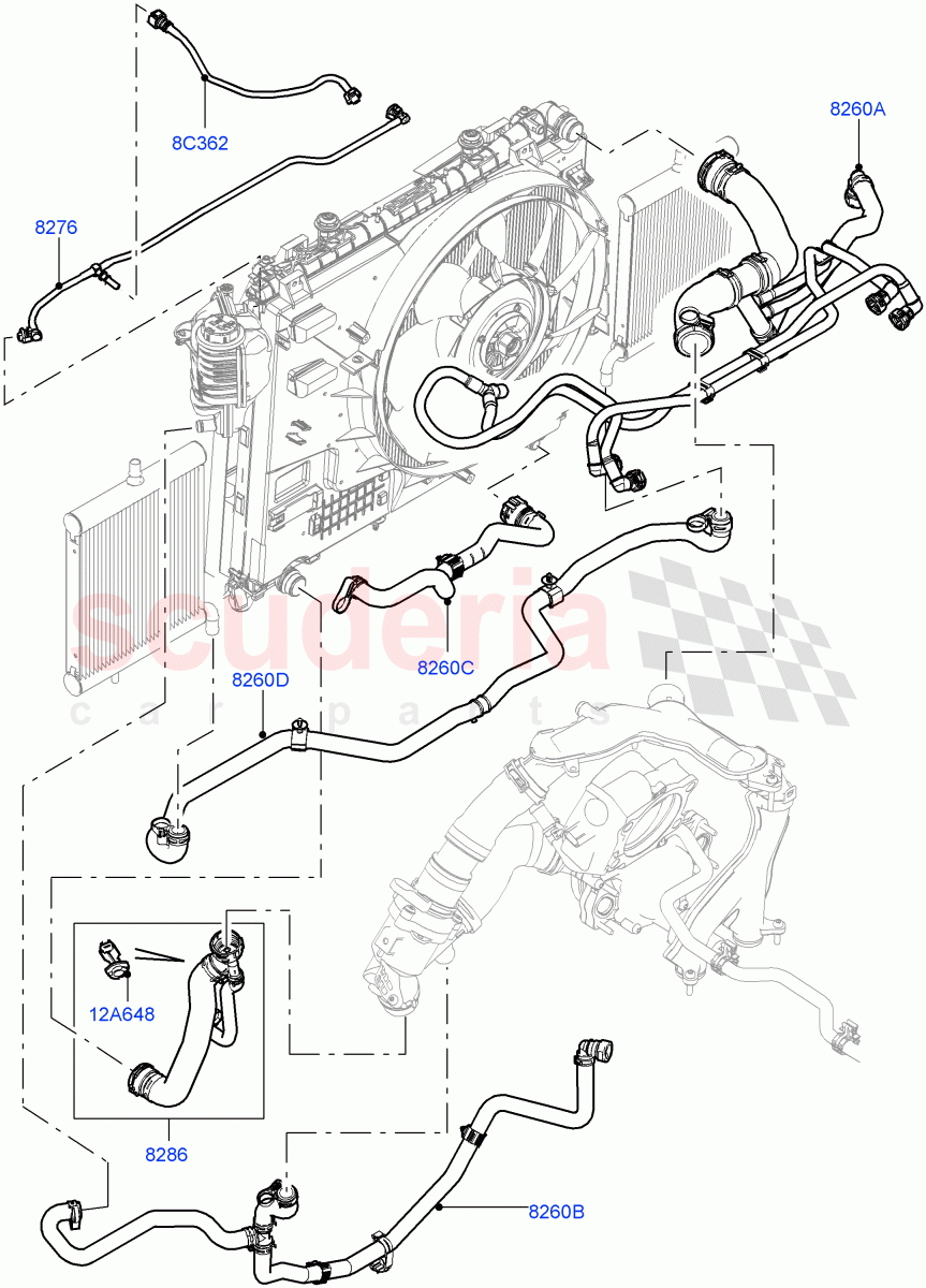 Cooling System Pipes And Hoses (5.0L P AJ133 DOHC CDA S/C Enhanced, Less Active Tranmission Warming, 5.0 Petrol AJ133 DOHC CDA) ((V) FROMKA000001) of Land Rover Land Rover Range Rover Sport (2014+) [5.0 OHC SGDI SC V8 Petrol]