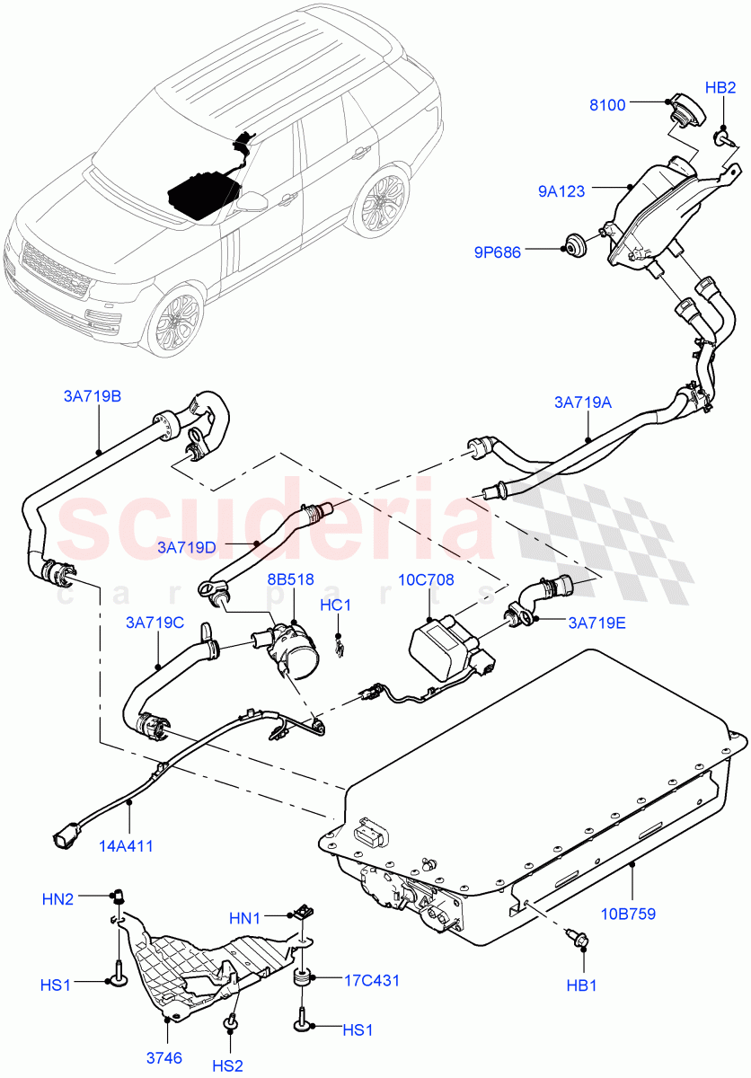 Hybrid Electrical Modules(Battery And Cooling)(3.0 V6 D Gen2 Twin Turbo,8 Speed Auto Trans ZF 8HP70 HEV 4WD,3.0 V6 D Gen2 Mono Turbo,3.0 V6 Diesel Electric Hybrid Eng)((V)FROMEA000001) of Land Rover Land Rover Range Rover (2012-2021) [2.0 Turbo Petrol GTDI]