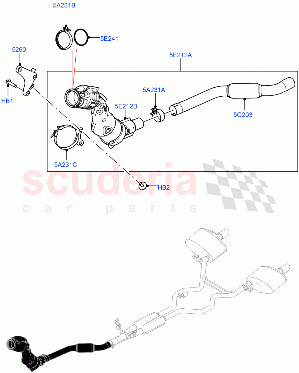 Front Exhaust System (Nitra Plant Build) (2.0L I4 High DOHC AJ200 Petrol, EU2, EU6 Emissions, Proconve L6 Emissions, 2.0L AJ200P Hi PHEV, Stage V European Emissions) ((V) FROMK2000001) of Land Rover Land Rover Discovery 5 (2017+) [2.0 Turbo Petrol AJ200P]