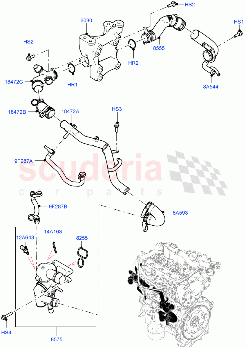 Thermostat/Housing & Related Parts (2.0L AJ20P4 Petrol Mid PTA, Halewood (UK), 2.0L AJ20P4 Petrol High PTA, 2.0L AJ20P4 Petrol E100 PTA) of Land Rover Land Rover Discovery Sport (2015+) [2.0 Turbo Petrol AJ200P]