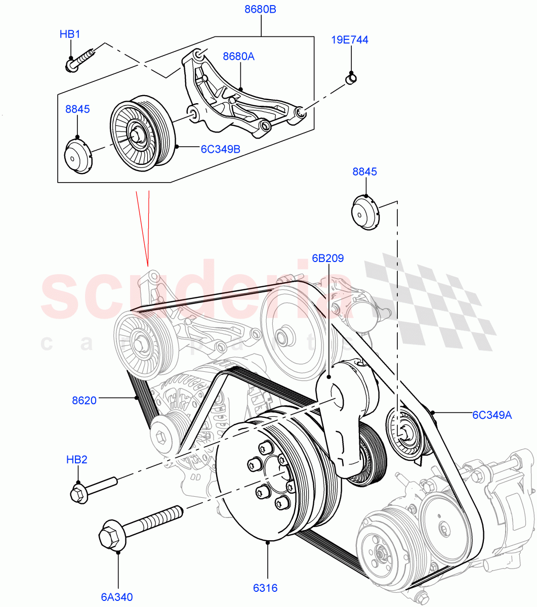 Pulleys And Drive Belts (Primary Drive) (5.0L P AJ133 DOHC CDA S/C Enhanced, With ACE Suspension, 5.0 Petrol AJ133 DOHC CDA) ((V) FROMJA000001, (V) TOJA999999) of Land Rover Land Rover Range Rover Sport (2014+) [5.0 OHC SGDI SC V8 Petrol]