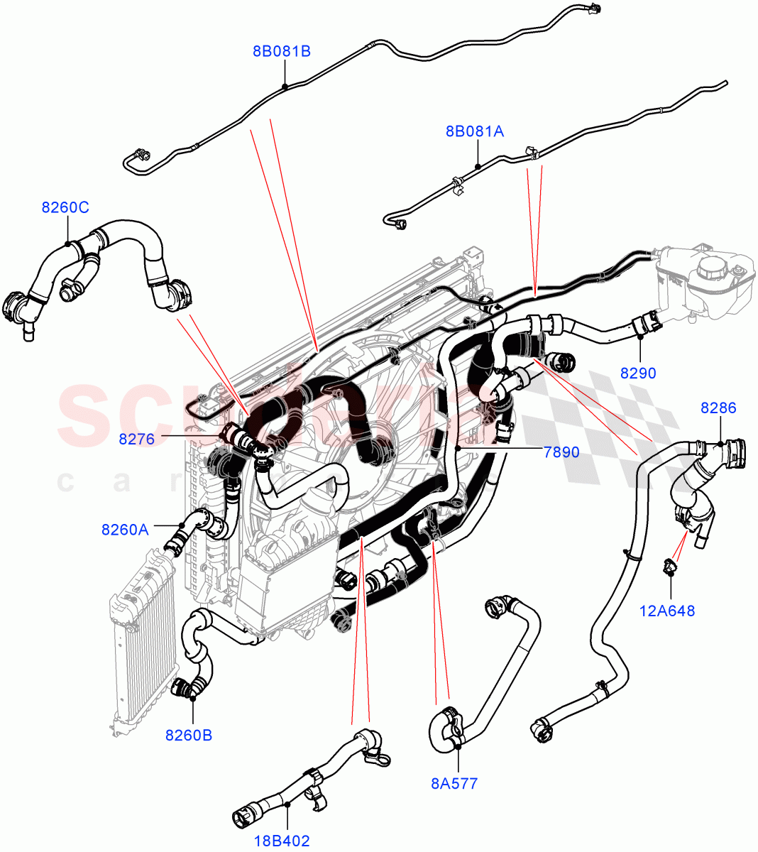 Cooling System Pipes And Hoses (2.0L I4 Mid DOHC AJ200 Petrol, With Extra Engine Cooling System, Less Active Tranmission Warming, 2.0L I4 Mid AJ200 Petrol E100) ((V) FROMJH000001) of Land Rover Land Rover Range Rover Evoque (2012-2018) [2.0 Turbo Petrol AJ200P]