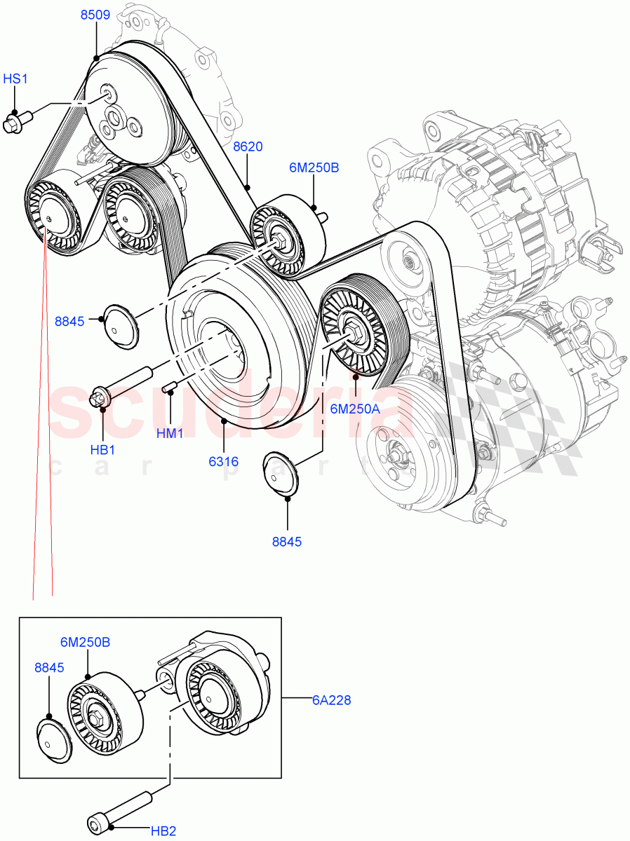 Pulleys And Drive Belts (Solihull Plant Build) (2.0L I4 Mid DOHC AJ200 Petrol, 2.0L I4 High DOHC AJ200 Petrol) ((V) FROMHA000001) of Land Rover Land Rover Discovery 5 (2017+) [2.0 Turbo Petrol AJ200P]