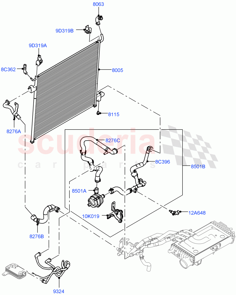 Radiator/Coolant Overflow Container(Intercooler Radiator, Water Charge Air Cooler)(3.0L AJ20D6 Diesel High,8 Speed Auto Trans ZF 8HP76)((V)FROMLA000001) of Land Rover Land Rover Range Rover Sport (2014+) [3.0 I6 Turbo Diesel AJ20D6]