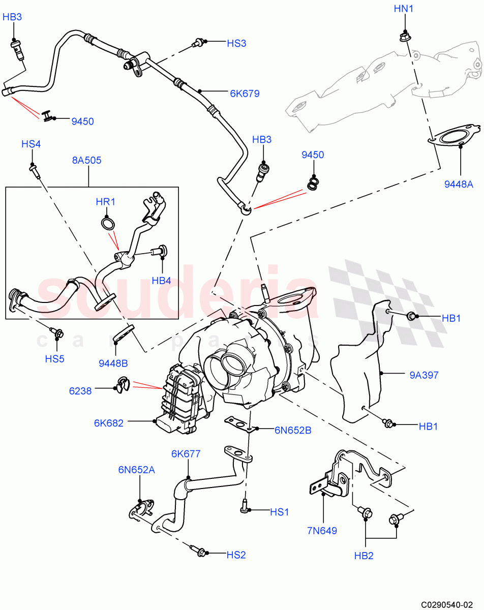 Turbocharger (LH Side - Primary, Nitra Plant Build) (3.0 V6 D Gen2 Twin Turbo) ((V) FROMK2000001) of Land Rover Land Rover Discovery 5 (2017+) [3.0 Diesel 24V DOHC TC]