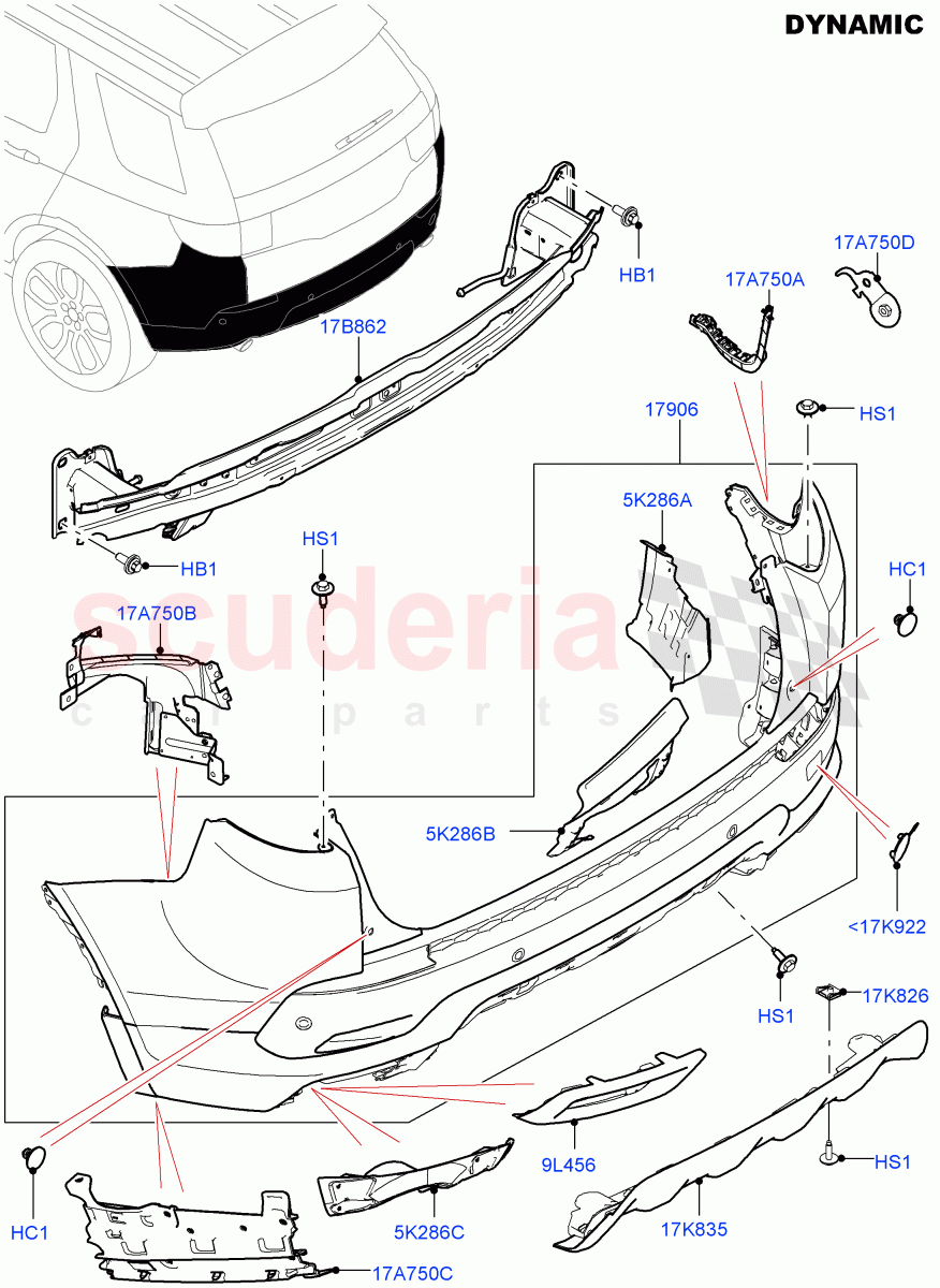 Rear Bumper(Dynamic Pack)(Halewood (UK),Front Bumper - Sport - Body Colour,Rear Bumper - Sport - Body Colour)((V)FROMGH000001,(V)TOKH999999) of Land Rover Land Rover Discovery Sport (2015+) [2.2 Single Turbo Diesel]