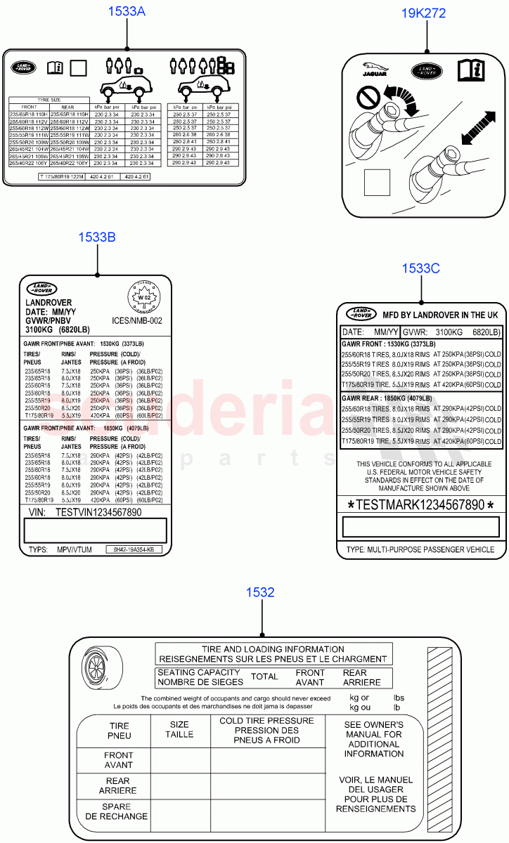 Labels(Tyre Pressure Label) of Land Rover Land Rover Range Rover Velar (2017+) [3.0 I6 Turbo Diesel AJ20D6]